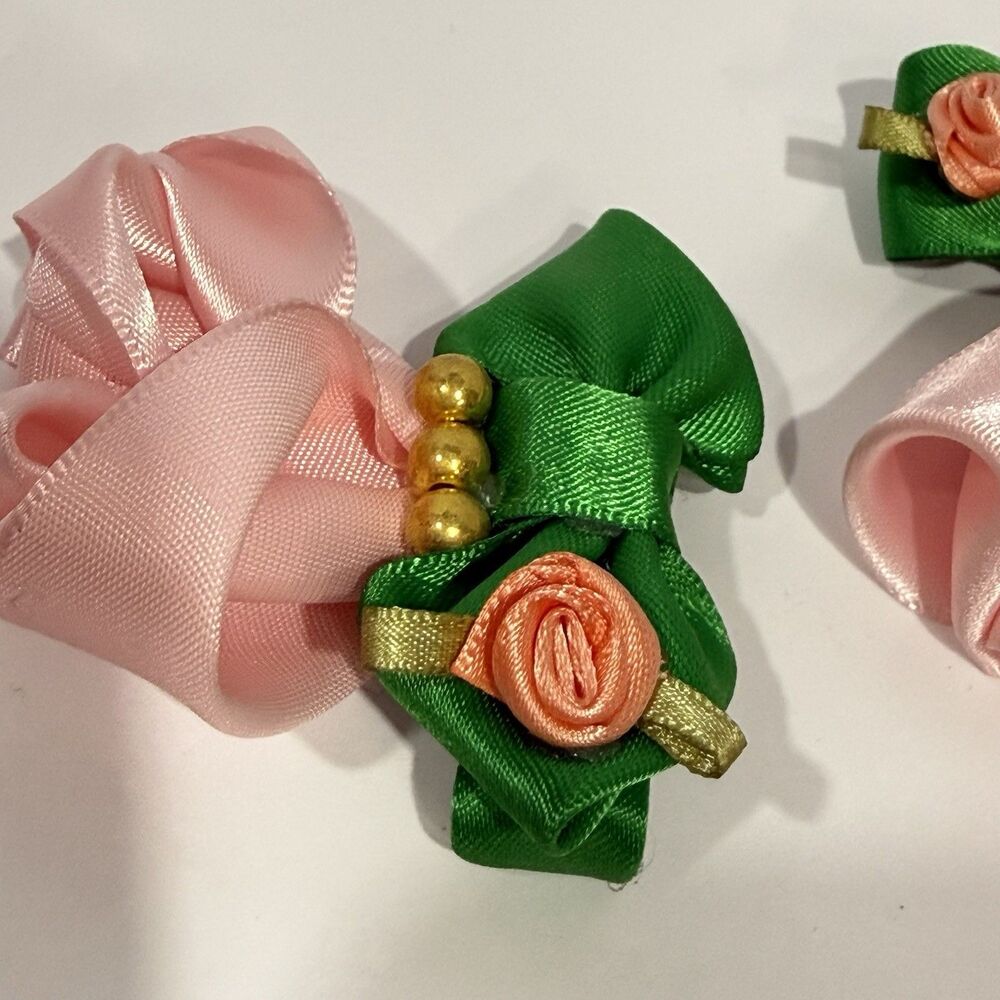 Handmade Satin Rose Hair Clip Pink Flower Green Bow Romantic Cottagecore 2.5 In - Picture 10 of 11